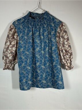 Ces Femme Blue Paisley Peasant Blouse with Cream Printed Sleeves